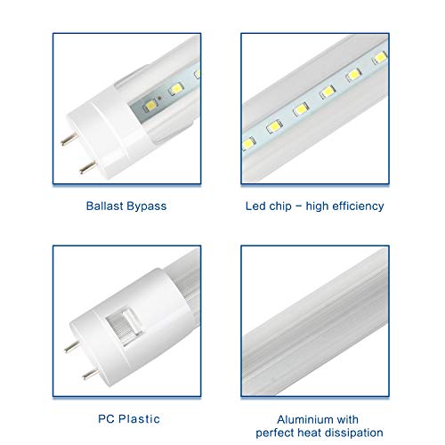 DIKAIDA 4 Pack T8 Led Light Tube, 4FT, 18W (40W Equiv), 2000Lm, 6500K Cool White, T10 T12 Fluorescent Replacement with Clear Cover, Dual-End Powered, Ballast Bypass, Garage, Shop Light