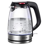 Electric Kettle Glass Tea Kettle, 1.7L Ultra Fast Water Boiler, Durable Borosilicate Glass and 304 Stainless Steel, Double Safety Locker, Boil Dry Protection and Auto Shut off, BPA Free, Aicok