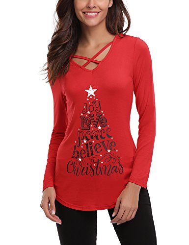 iClosam Womens Sexy Cross Front V-Neck Long Sleeve Christmas Letter Print T-Shirt Tunic Tops