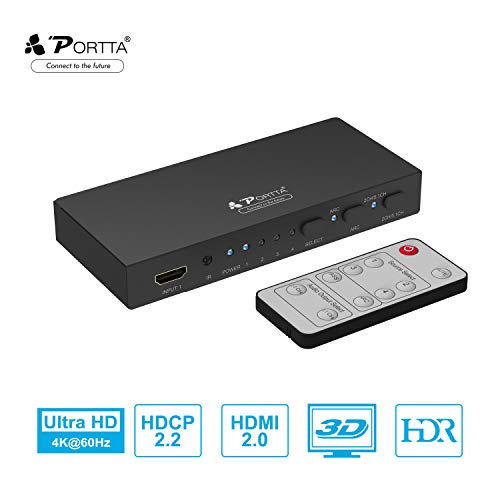 Portta 4-Port HDMI Switcher Box v2.0 with Remote Control Audio Optical TOSLINK Out Supports Ultra HD 3D 4K@60Hz HDCP2.2 ARC HDR for PS3/4/4 PRO/Xbox One/Roku/Apple TV/Fire TV
