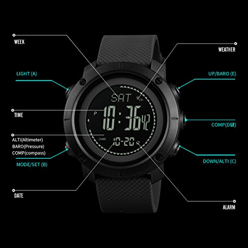 Digital Watch Military Tactical Sports Compass Pedometer Alarm Altimeter Barometer Thermometer Outdoor Army Wrist Watches Black Green - Thumbnail 4