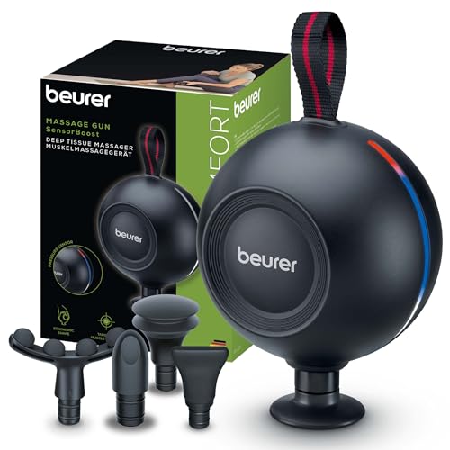 Beurer MG 101 SensorBoost Massage Gun, Ergonomic and Compact Design, Quiet and Powerful Trigger Point Massage for Relaxation and Regeneration, Muscle Massager with Pressure Sensor, 5 Attachments