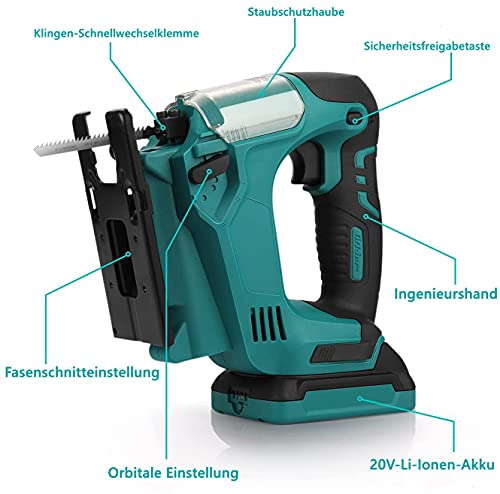 Anbull Akku-Stichsäge (18V Lithium-Lonen, Gehrungsschnitt 45°, 4Gang-Schneidemodus, Komplettset mit 2x 2.0Ah Akku… – Bild 3