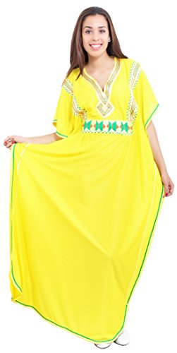 Moroccan Caftans Women Breathable Handmade with Embroidery Coverup Loungewear Ethnic Design Yellow