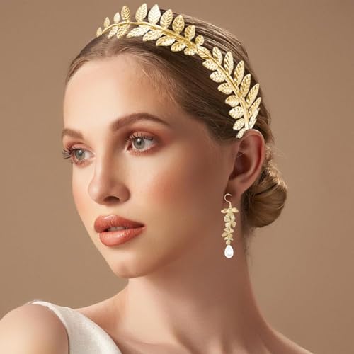 5 Pieces Greek Goddess Costume Accessories Set, Greek Goddess Accessories With 1 Pcs Golden Leaf Crown Headband, 2 Pcs Dangle Earrings and 2Pcs Armband Bracelet for Bridal Bridesmaid Wedding Party