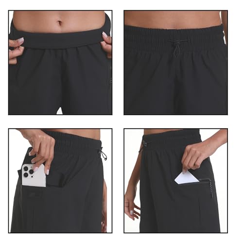 WOMEN’S HKING SHORTS ELASTIC DRAWSTRING HIGH WAIST ATHLETIC SHORTS WITH CARGO POCKETS LIGHTWEIGHT WORKOUT CAMPING SHORTS(BLACK S)