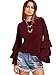 SheIn Women's Round Neck Ruffle Long Sleeve Blouse Burgundy Large