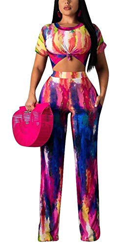 Womens Summer Tie Dye Print Two Piece Outfits Short Sleeve Crop Tops High Waist Long Pants Jumpers with Pockets