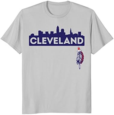 Mens Cleveland Skyline and Native American Feather T-shirt Large Silver