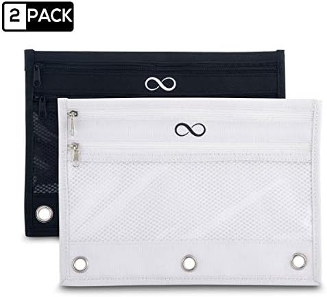 Black & White Pencil Pouch 3 Ring, Pencils Bag, 2 Pack, with Zipper and mesh Window for Binder by Okays.