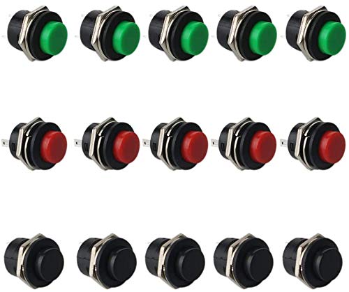 RUNCCI-YUN 15Pcs Push Button Switch ON/OFF Momentary Button Power Switch Red green Black Round Cap AC 6A/125V 3A/250V（no lock）