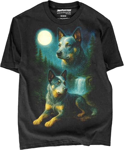 BABATEES Blue Heeler Dog Mom & Dog Dad Black Retro Tshirt - Elegant Moon Painting for Heelers Pet Owner (US, Alpha, Medium, Regular, Regular, Blue Heeler Moon) at Amazon