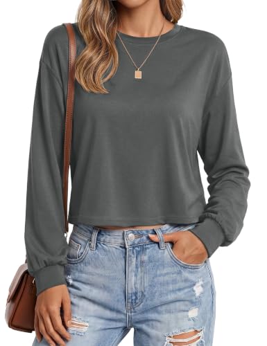 YUCOLEN Womens Long Sleeve Shirts Crop Fall Crewneck Top Dark Grey XXL at Amazon
