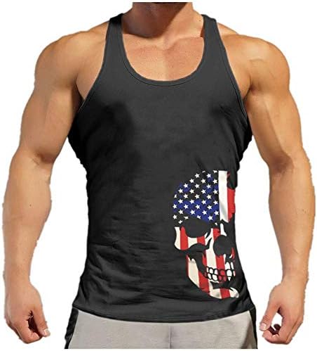 Mens American Skull Print Stringer Bodybuilding Gym Muscle Y-Back Fitness Vest Tank Top