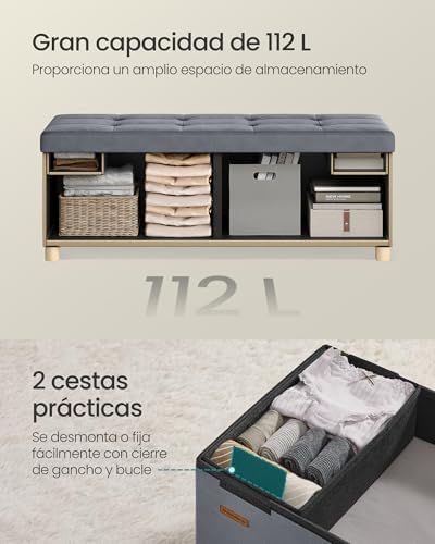 Arrumação, Banco Dobrável, 38 x 110 x 40 cm, Apoio para os Pés, 112 L, Superfície de Veludo, para Quarto, Sala de Estar, Quarto, Cinzento Ardósia LSF0518G02