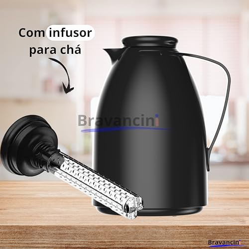 Garrafa Térmica Bule Preto 1 Litro Ampola de Vidro Conserva Café Quente 12h Bebidas Frias 24h Infusor Chá Ideal Casa Escritório Presentes Bule Termico