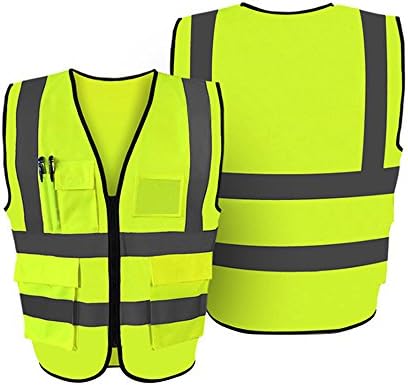 Safety Vest Reflective with 4 Pockets and black Zipper Front High Visibility Safety Vest with Reflective Strips ,Yellow Meets ANSI/ISEA Standards (XL)