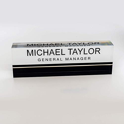 Artblox Office Desk Name Plate Personalized - Printed on Premium Clear Acrylic Glass Block Unique Designer Name Plates for Desks Accessories - (8"x2.5") - Black Stripe