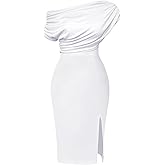 Memoriesea Women's Elegant Off Shoulder Split Hem Bodycon Ruched Midi Club Party Dress