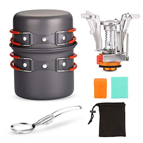 Odoland 6pcs Camping Cookware Mess Kit with Lightweight Pot, Stove, Spork and Carry Mesh Bag, Great for Backpacking Outdoor Camping Hiking and Picnic (Renewed)