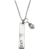 Alpha Chi Omega Bar Pendant with Glass Pearl Dangle, Sorority Greek Necklaces, comes on an 18 inch stainless steel link necklace with lobster claw