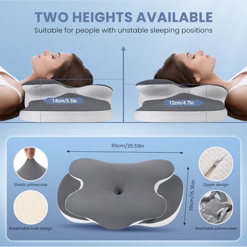 A-Pce Memory Foam Pillow for Neck and Shoulder Pain–Orthopedic Cervical Pillow,Queen Size 65*39CM, Medium Firm Support,Removable & Machine Washable Ice Silk Cover for Side/Back/Stomach Sleepers–Gray