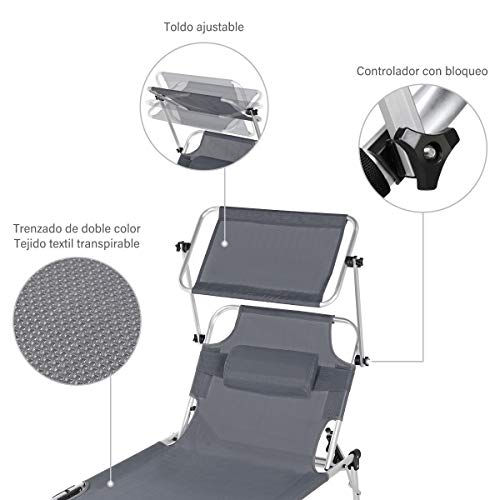 Sekey Aluminium klappbare Sonnenliege mit Dach, Gartenliege mit Kissen für Balkon, Garten, Terrasse, Innen- und Außen… – Bild 5