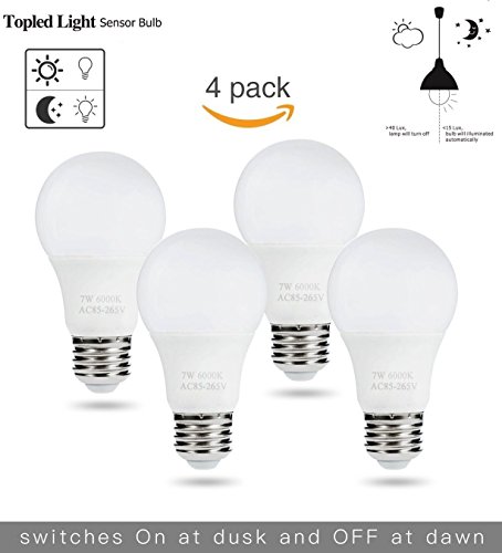 LED Light Sensor Bulbs, Topled Light 7W Automatic Dusk to Dawn Light Bulb Daylight E26/E27 Cool White Outdoor Indoor LED Night Lighting Bulbs for Porch Garage Basement Hallway Stairs, 4 Packs
