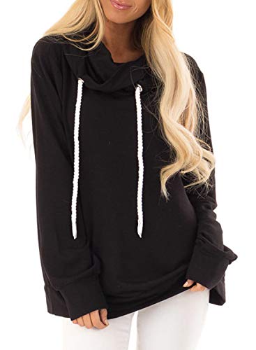 PRETTYGARDEN Women's Casual Solid Cowl Neck Long Sleeve Drawstring Pullover Sweatshirts Hoodie (Black, Medium)