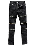 Men's Distressed Ripped Biker Moto Denim Pants Slim Fit Zipper Jeans (W30, Black)
