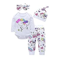 Toddler Baby Girls Boys 4Pcs Clothes Sets for 0-18 Months,Rainbow Horse Cartoon Printed Shirts Pants Hat Hair Strap Outfits (0-6Months, White)