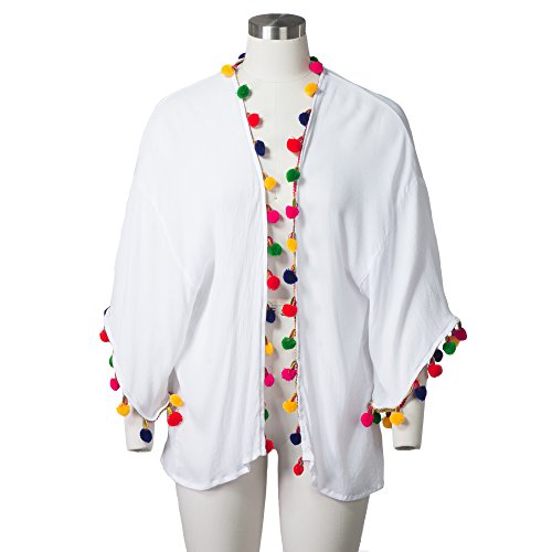 Free Spirit Multi Pom Trim Kimono - Cover Up at the Beach & Pool with Cardigan Kimono - Black & White