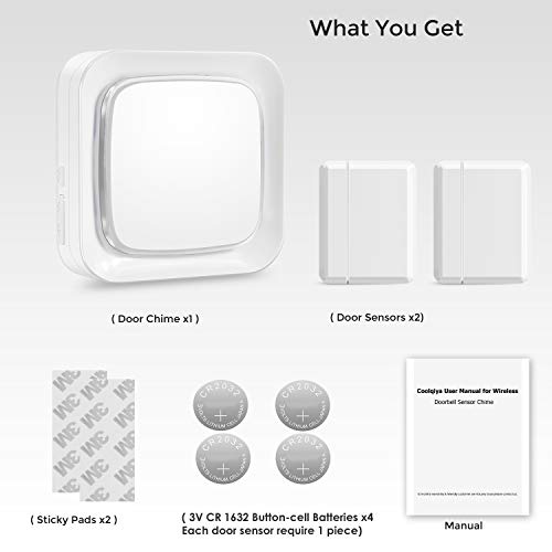 Door Sensor Chime Alarm Wireless System for Home Security, Coolqiya Entry Bell Alert Kit 600FT Operating Range With 4 Volume Levels, 2 Door Sensors + 1 Plug-in Receiver(White) - Thumbnail 7