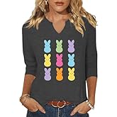 ehizrvo 3/4 Sleeve V Neck Shirts for Women Cute Bunny Easter Eggs Graphic Shirts Spring Outdoor Comfort Tops Blouse