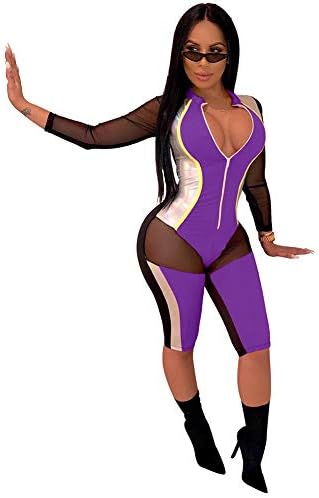 Annystore Women Athletic Mesh Jumpsuit Sexy Zip Front Stripe Plus Size Splice Bodycon Club Romper