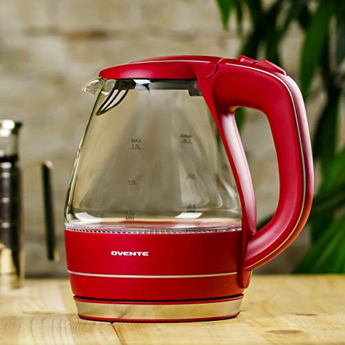 Ovente Portable Electric Glass Kettle 1.5 Liter with Blue LED Light and