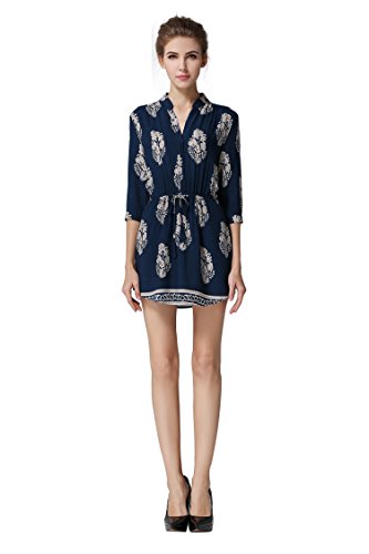 Little Smily Women's A-line Leaf Pattern Print Shirt Dress w/ 3/4 Sleeve, Navy, S