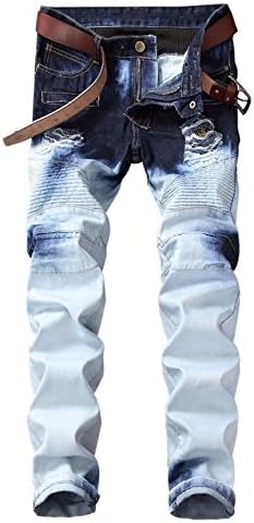 TUNGLUNG Men's Ripped Moto Biker Straight Fit Jeans Pants Broken Holes With Zipped Deco (W36, 6612 Blue)