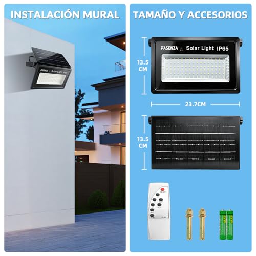 FASENZA Lámpara Solar Exterior: 2000 Lúmenes, 6500K, Batería 4400mAh, Carga 6h Iluminación 12h, 4 Modos de Luz, IP65 Impermeable para Jardín, Patio, Garaje, Granero, 2 Años de Garantía, 2 Paquetes