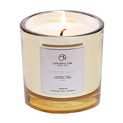 Scented Candle Patchouli & Sandalwood & Musk Soy Wax Long Burning (40 hours) Strong Fragrance Aromatherapy Candles for Home Decorative, Stress Relief and Best Gifts with Golden Glass (Woodland)