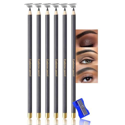 JUAAZIN 6Pcs Long Eyebrow Pencils Set - Gray Natural Look, for Eyebrows & Eyeliner, Waterproof & Sweat-Proof Wooden Hard-Core Brow Pencil with Sharpener, Long Lasting Makeup Kit for Beginners 101#