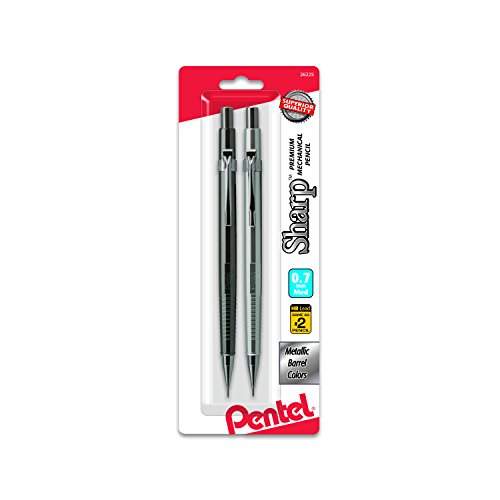 Pentel Sharp Mechanical Pencil (0.7mm) Metallic Barrels, Silver & Graphite Barrels, 2-Pk (P207MBP2)