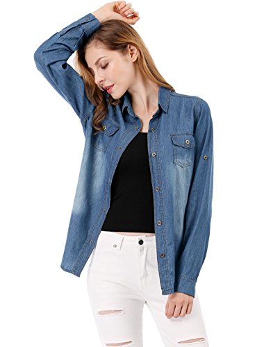 Women's Buttons Rolled Sleeves Point Collar Western Denim Shirt
