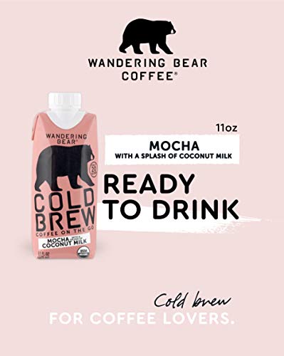 Wandering Bear Organic Cold Brew Coffee On-the-Go 11 oz Carton, Mocha With Splash of Coconut Milk, No Sugar, Ready to Drink, Not a Concentrate (Pack of 6)