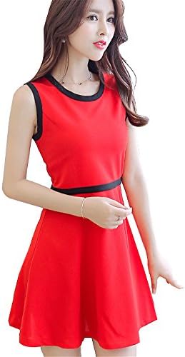 HM Women Summer Casual Sleeveless Slim Contrast Color Shift Black Red Dress L