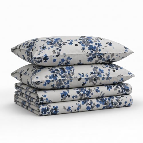Tribeca Living King Bed Sheet Set, 300 Thread Count Soft Cotton Sateen, Floral Print with Extra Deep Pockets, 4-Piece Bedding Set, Lisbon Blue/Multi