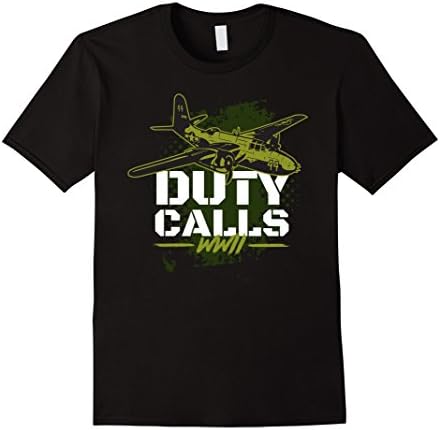 Mens Duty Calls WWII Airplane T-Shirt Gift Large Black