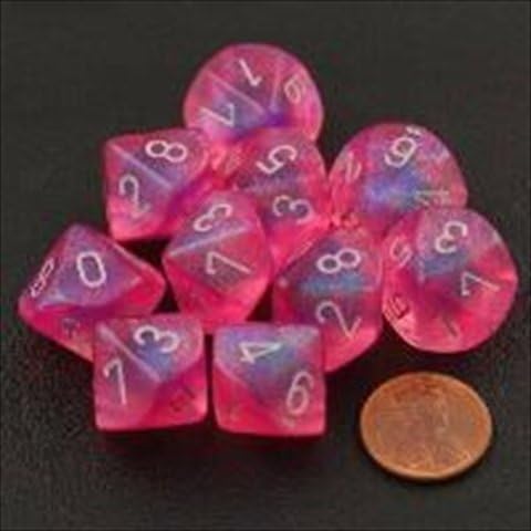 Chessex Manufacturing 27204 D10 Clamshell Set Of 10 Dice - Borealis Pink With Silver Numbering