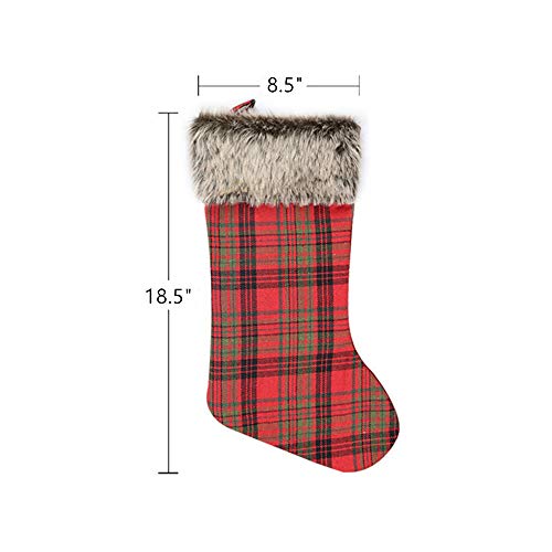 DoubleWood 4 Pack 18 inches Big Christmas Stockings Burlap Plaid Snowflake and Plush Faux Fur Cuff Stockings for Family Holiday Xmas Party Decorations