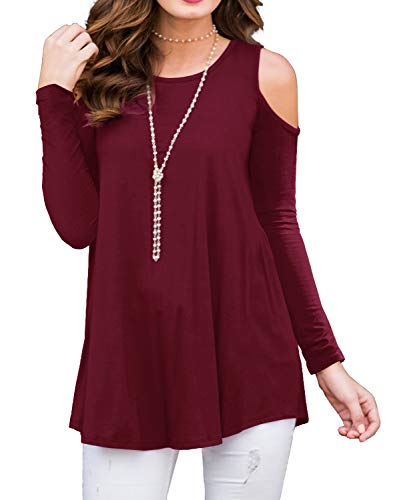 PrinStory Womens Long Sleeve Off Shoulder Round Neck Casual Loose Top Blouse T-Shirt Wine Red-XL
